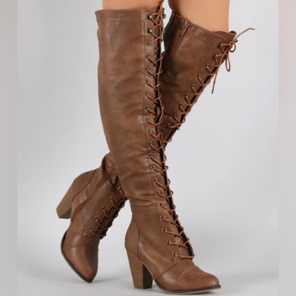 Brown lace up over the knee heeled boot winter fall boot high heeled boots